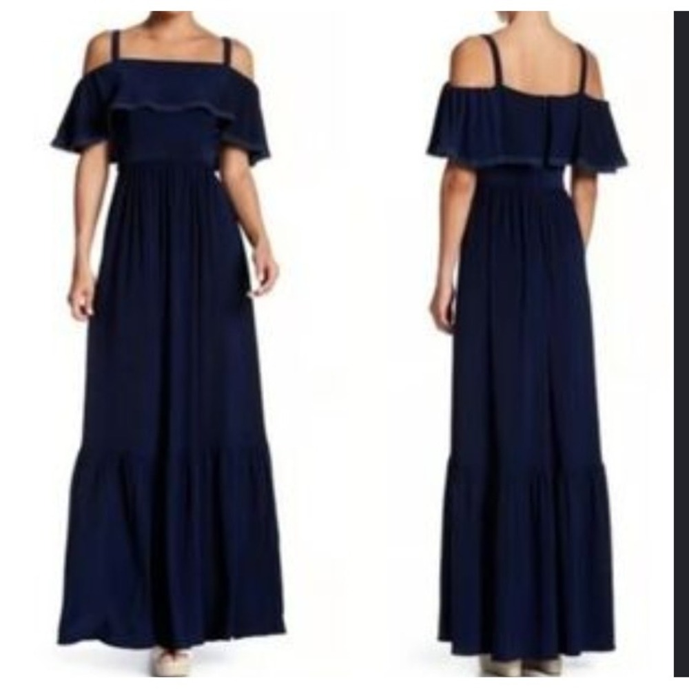 Eliza J Navy Blue Off Shoulder Ruffle Maxi Dress Lace Trim Size 4 EJ7M4962